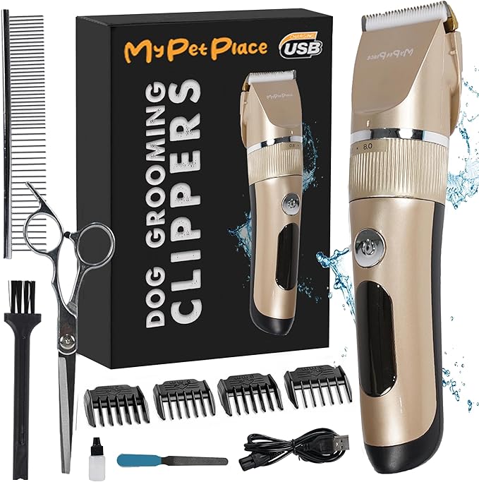 Anti-Clogging Dog Hair Clipper – Cordless, Waterproof & Rechargeable Pet Grooming Trimmer for Thick Coats – Low Noise, High-Power Blade for Dogs & Cats (Gold)