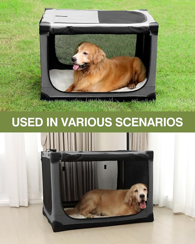 30-Inch Collapsible Travel Dog Crate, Portable 4-Door Soft Kennel for Medium to Large Dogs, Chew-Proof Mesh Windows, Indoor/Outdoor Use, Foldable, with Storage Bag (Grey)