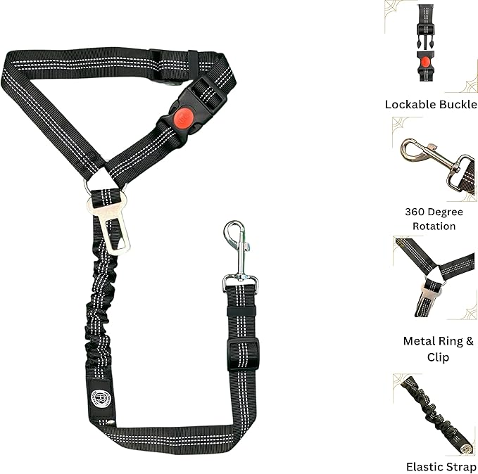 Reflective 2 in 1 Dog Cat Seat Belt Stretchable, Expandable Harness Leash and Headrest Collar Accessary for Vehicle, Pet Safety, Nylon, Heavy Duty and Elastic (Black)