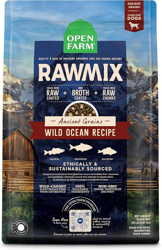 Open Farm RawMix Ancient Grains Wild-Ocean Recipe for Dogs, Includes Kibble, Bone Broth, and Freeze Dried Raw, Inspired by The Wild, Humanely Raised Protein and Non-GMO Fruits and Veggies, 20 lb