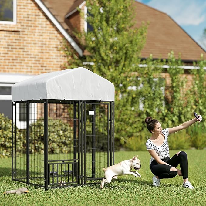 PawHut 3.9' x 3.9' x 6' Outdoor Dog Kennel, Welded Wire Heavy Duty Dog Run with 360° Rotating & 4 Level Adjustable Bowls, Dog Kennel Outside with Waterproof & UV Resistant Cover, for S&M Dogs