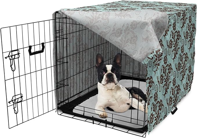 Ambesonne Art Nouveau Dog Crate Cover, Vintage Swirls Vibrant Foliage Damask Style Classic Renaissance, Easy to Use Pet Kennel Cover for Small Dogs Puppies Kittens, 22 Inch, Seal Brown and Pale Blue
