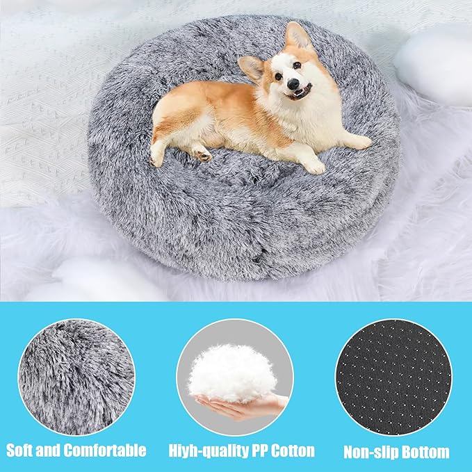 HYQ Small Dog Bed, Cat Beds for Indoor Cats, Pet Beds for Small Dogs, Fluffy Faux Fur Plush Small Dog Bed, Washable Puppy Bed with Anti-Slip Bottom, Dog Bed Small Size Dog (Gray-White, 24 Inch)