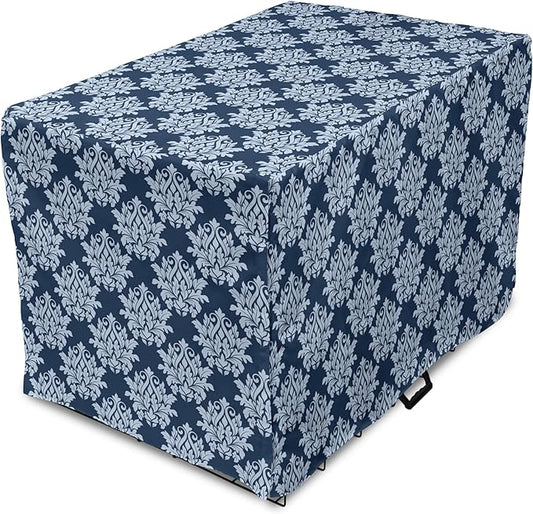 Lunarable Damask Blue Dog Crate Cover, Abstract Antique Royal Motif with Leaves and Swirls, Easy to Use Pet Kennel Cover for Small Dogs Puppies Kittens, 18 Inch, Ceil Blue Violet Blue