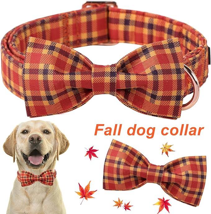 ARING PET Fall Dog Collar-Cotton Halloween Plaid Dog Collar with Bow, Adjustable Orange Autumn Bowtie Dog Collars Pet Necklace with Metal Buckle for Girl&Boy Dogs