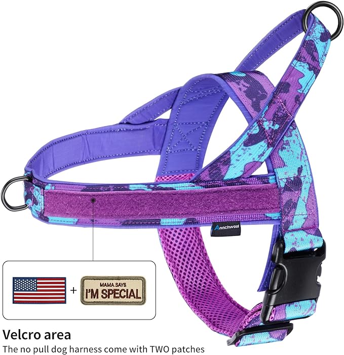 Annchwool No Pull Dog Harness with Padded Handle+5 Ft Leash,Escape Proof and Quick Fit to Adjust Dog Harness,Easy for Training Walking for Small & Medium and Large Dog(Camo Purple Set,S)