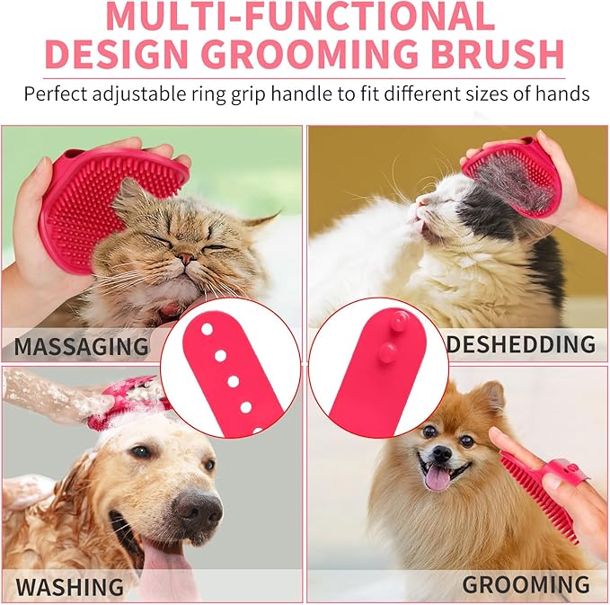 Comotech 3PCS Dog Bath Brush | Dog Shampoo Brush | Dog Scrubber for Bath | Dog Bath Brush Scrubber | Dog Shower/Washing Brush with Adjustable Ring Handle for Short&Long Haired Dogs (Pink Red Pink)
