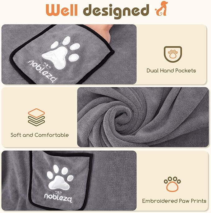 Nobleza Super Absorbent Large Dog Towels with Hand Pockets, Soft Microfiber Quick Drying Dog & Cat Bath Towel, Gray