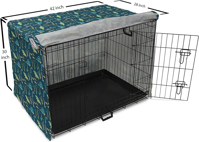 Lunarable Jurassic Dog Crate Cover, Evolution Marine Dinosaurs and Nautical Foliage Animal, Easy to Use Pet Kennel Cover for Medium Large Dogs, 42 Inch, Petrol Blue Pale Green