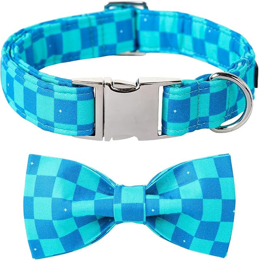 Maca Bates Plaid Blue Dog Collar with Checkered Bow Bowtie for Grid Dogs Bows Tie Adjustable Breakaway Collars Birthday Gift Colar for Small Medium Large XL Girl Boy Male Female Puppy Pets