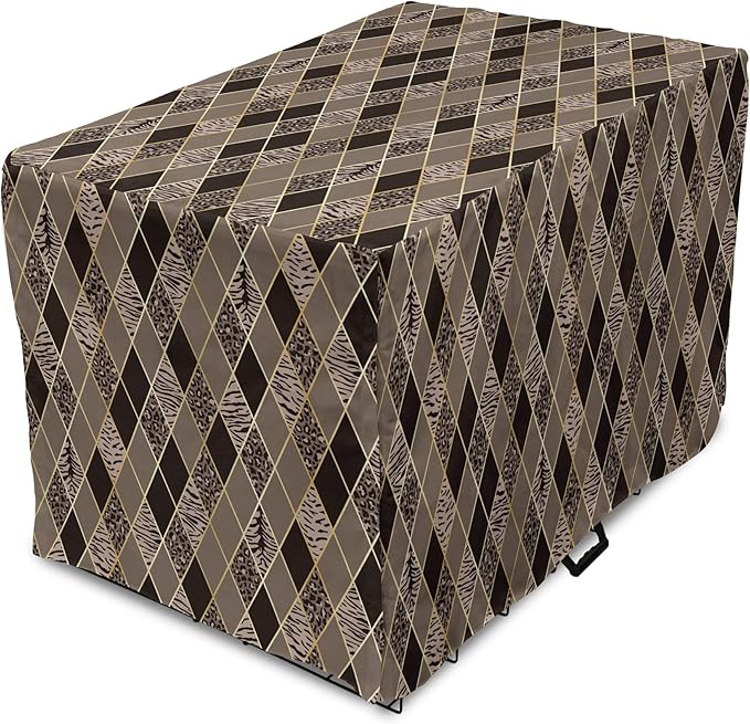 Lunarable Contemporary Brown Dog Crate Cover, Rhomb Check Pattern with Animal Skins, Easy to Use Pet Kennel Cover for Small Dogs Puppies Kittens, 18 Inch, Umber Dark Brown