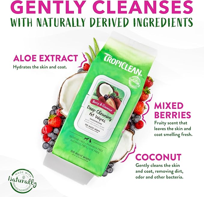 TropiClean Dog Wipes for Paws, Butt, Face, and Body, Anytime Cleaning and Deodorizing Pet Wipes, Safe for Licking, Berry Scent, Cat Safe, 100ct