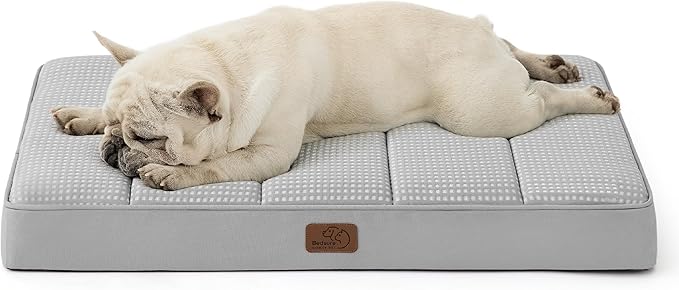 Bedsure Cooling Gel Foam Dog Bed for Large Dogs, Waterproof Orthopedic Egg Foam Dog Bed for Outdoor, Summer Comfort Pet Mats for Crate with Washable Cover(24"x16", Grey)