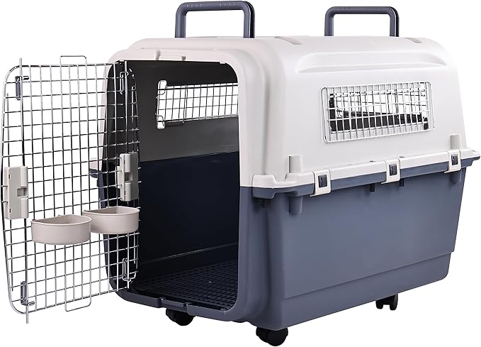Plastic Kennels Pet Carrier Rolling Plastic Airline Approved Wire Door Travel Dog Crate, Large (30.7" L x 21.3" W x 22.8" H)