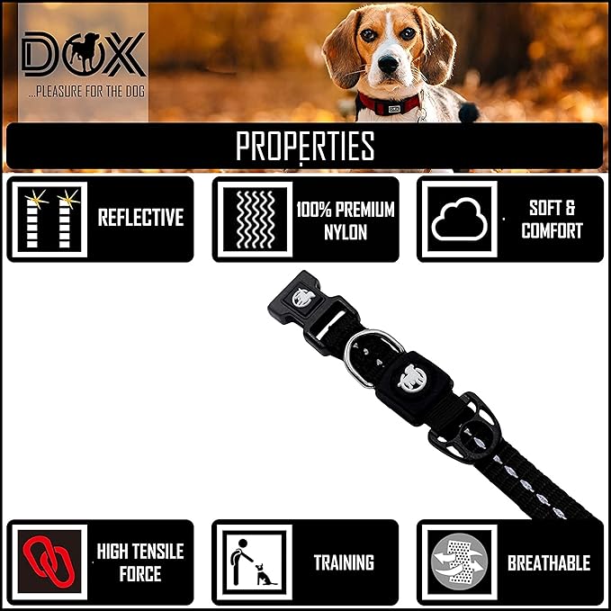 DDOXX Reflective Nylon Dog Collar - Strong and Adjustable Collars Dogs - XS (Black)
