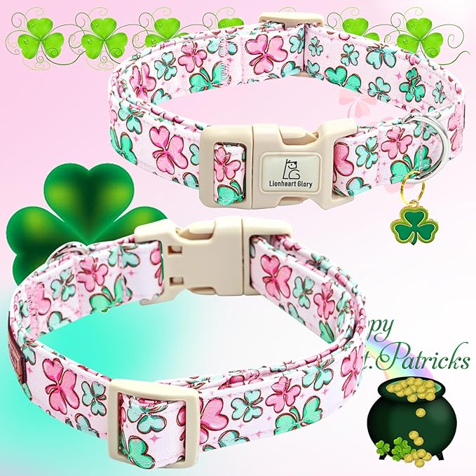 Lionheart glory St. Patrick's Day Dog Collar, Clover Collars Pink Dog Collar for Small Dogs Spring Female Dog Collar Adjustable Heavy-Duty Puppy Collar Pet Gift Plastic Buckle