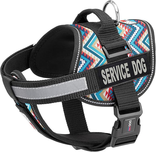 Dogline Unimax Dog Harness Vest with Service Dog Patches Reflective No-Pull, Adjustable Straps, Breathable Neoprene for Medical, Service, Identification and Training Dogs Girth 28 to 38" Aztec