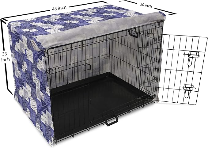 Lunarable Geometric Dog Crate Cover, Eastern Inspirations Canonical Paisley and Floral Composition Squares, Easy to Use Pet Kennel Cover for Medium Large Dogs, 48 Inch, Dark Blue Cobalt Blue