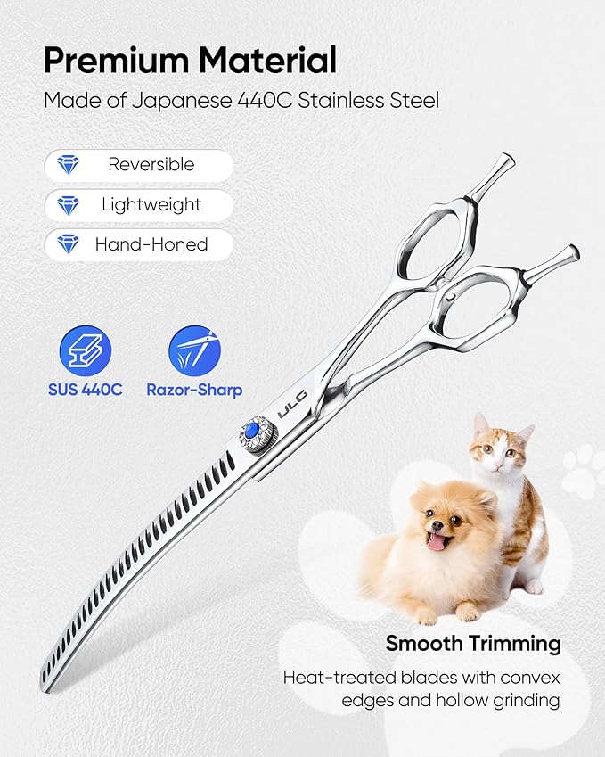 ULG 7.5" Curved Professional Dog Grooming Shears 30-Tooth Precision Thinning (55-60%) Japanese 440C Stainless Steel Adjustable Tension & Universal Left & Right Hand Use