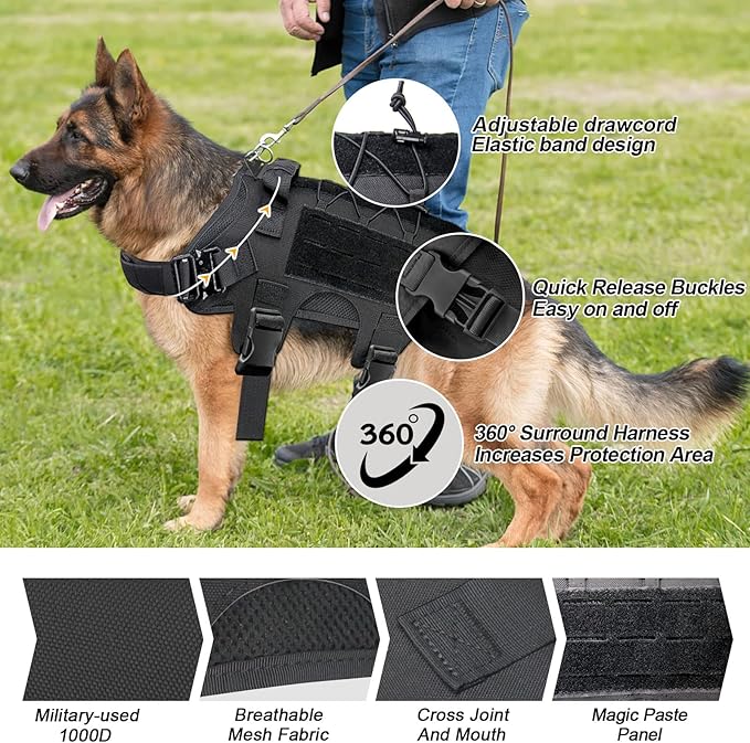 Tactical Dog Harness for Medium Large Dogs No-Pull,Dog Vest Harness with Metal Buckle,Adjustable Military Dog Harness with Laser Molle Panels for Hiking Training with Handle with Pockets