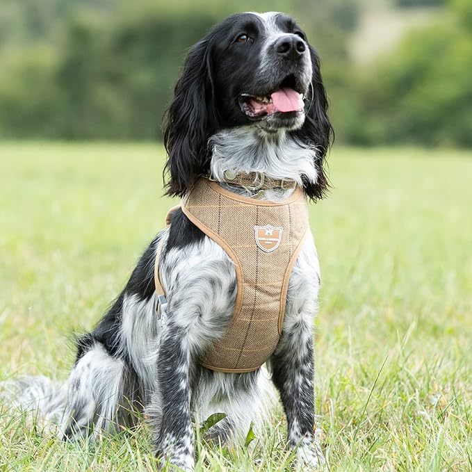 HUGO & HUDSON Dog Harness, No-Pull Anti Choke Tweed Harness Vest, Caramel Checkered Herringbone, L