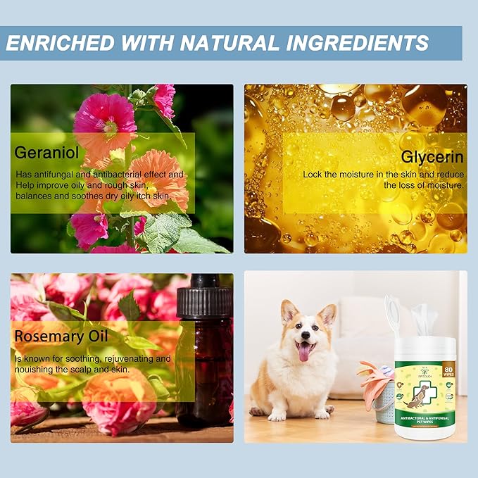 Antifungal and Antibacterial Wipes for Dogs & Cats, Dog Yeast Infection Treatment Wipes, All Natural Grooming Wipes for Cleaning, Help with Hot Spots, Ringworm, and Skin Infections, 80 Count