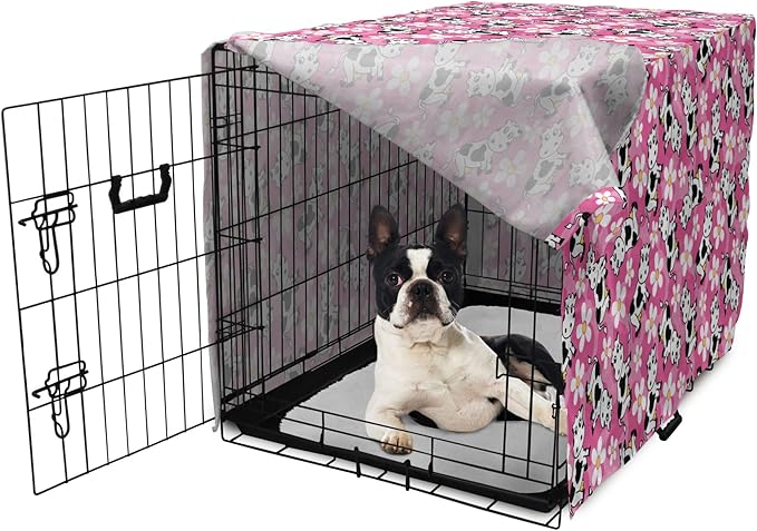 Lunarable Cow Dog Crate Cover, Cartoon Pattern Domestic Farm Animal and Daisy Flowers, Easy to Use Pet Kennel Cover for Small Dogs Puppies Kittens, 22 Inch, Pink Charcoal Grey