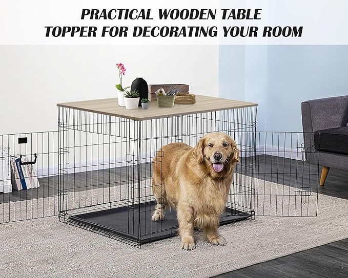 HiCaptain Crate Topper for Dog Cages, Foldable 42 inches Dog Crate Topper Wood, Durable Decorative Dog Kennel Table Topper for Large Dogs Modern Style