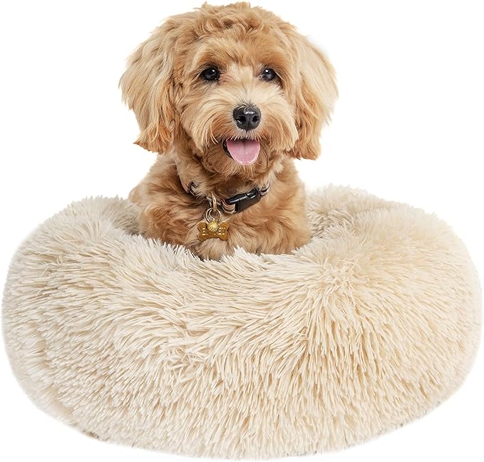 Small Dog Bed Calming Dogs Bed for Small Medium Large Dogs Anti-Anxiety Puppy Bed Machine Washable Warming Cozy Soft Pet Round Bed Fits up to 10-100 lbs (Small (Pack of 1), Beige)