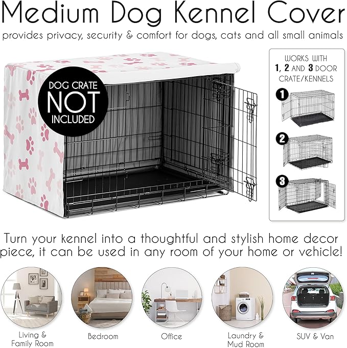 Sweet Jojo Designs 36in. Medium Dog Crate Cover (Bones and Paw Prints) Pet Cage, Kennel Covers (Modern, Cartoon, Doggy, Puppy, Neutral, Paws Print, Whimsical, Playful, Pastel, Blush Pink & Off White)