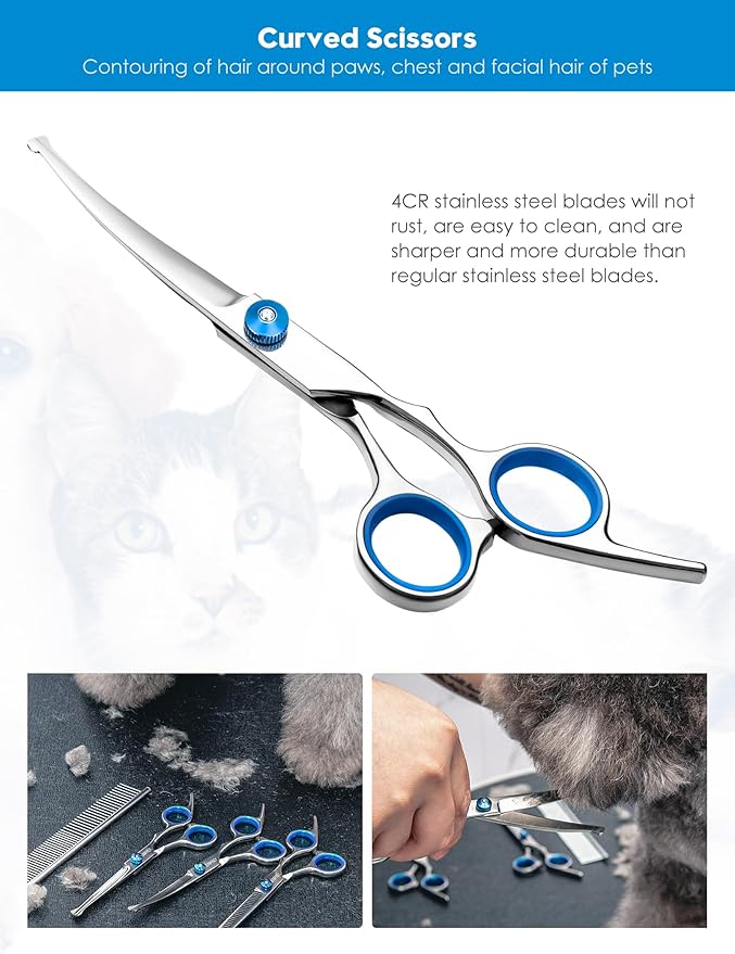 SUMFREY Dog Grooming Scissors with Safety Round Tips，Professional 5 in 1 Dog Grooming Kit ，Dog Scissors for Grooming Sharp and Durable, DGS001