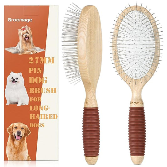 Dog Brush, Pin Brush for Dogs, 27mm Extra Long Pin Brush, Dog Grooming Brush for Shedding, Dog Brush for Long Haired Dogs - Ash Wood Material, Non-Slip Rubber Handle, Round-Tipped Pins