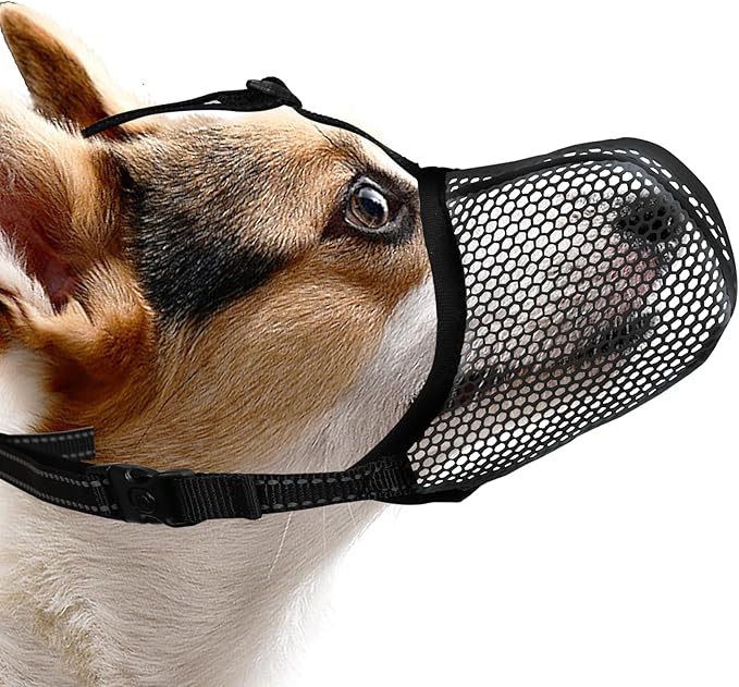 Black Dog Muzzle, Breathable Soft Muzzle for Small Dogs to Anti & Prevent Barking Biting Chewing, Reflective & Adjustable Basket Muzzle with Air Mesh for Toy Poodles Black S