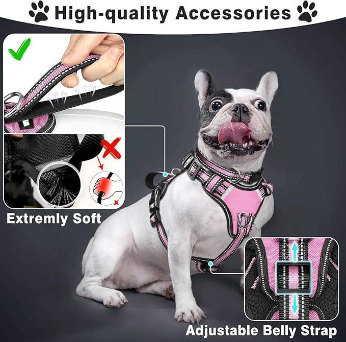 WINSEE Pet Harness Collar and Leash Set, All-in-one Reflective Dog Harness No Pull with Adjustable Buckles for Puppies, Small, Medium, Large, and Extra-Large Dogs (X-Large, Pink)