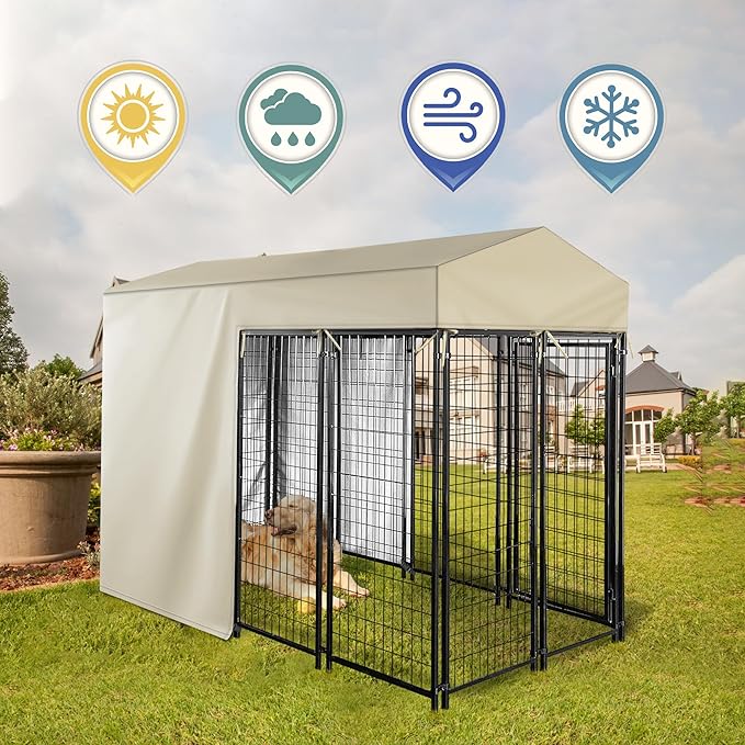 Outdoor Dog Kennel Cover Half Coverage for 8'Dx4'Wx6'H 600D Heavy Duty Waterproof Kennel Covers for Dog Cages(Cover Only) Khaki