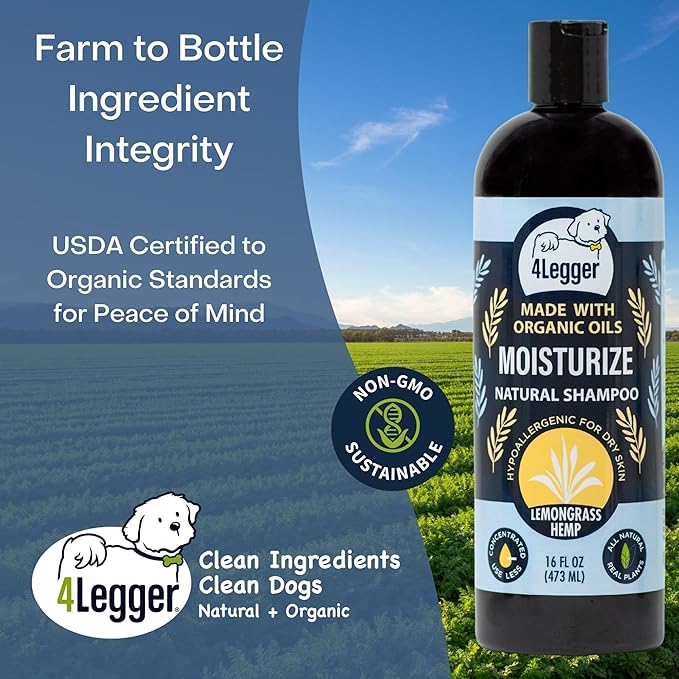 Organic Dog Shampoo, Dry, Itchy Skin and Coat Relief, Coconut Oil, Lemongrass Hemp Dog Shampoo, Puppy Shampoo 16 oz