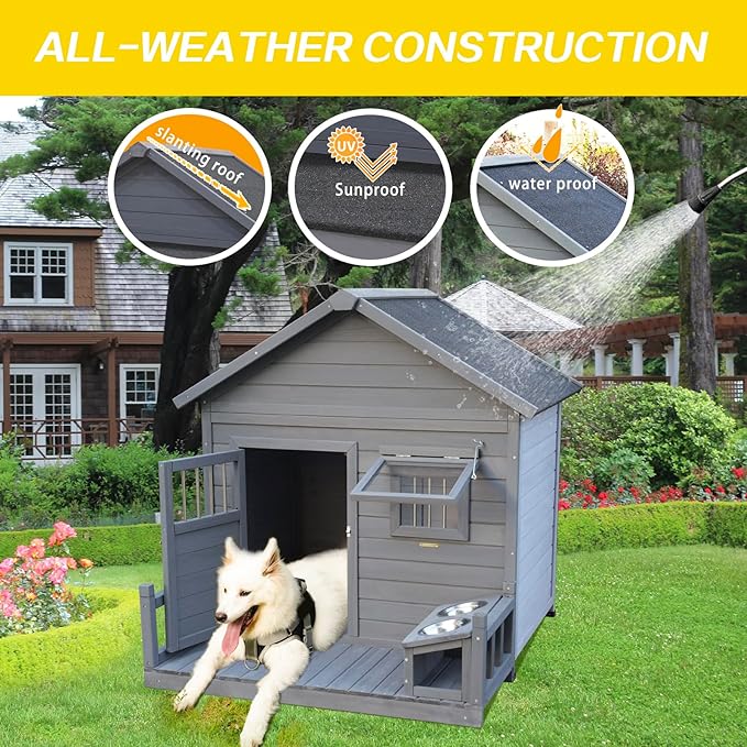 Open Waterproof Asphalt Roof Large Dogs House with Spacious Terrace,Outdoor Dog Kennel W/Small Wooden Door,Breathable Window & 2 Feeding Stainless Bowls,Fir Wood Dog Cage for Large Dogs,Gray