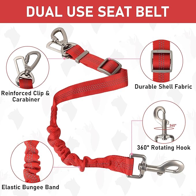 GAMUDA Dog Harness, Collar and Seat Belt Set, Vehicle Safety Harness, Retractable Adjustable Pet Seatbelts with Travel Strap and Carabiner for Most Cars (Red, XS)