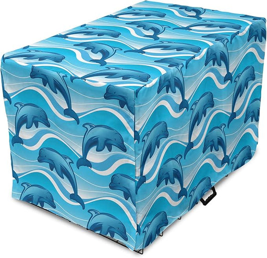 Lunarable Dolphin Dog Crate Cover, Dolphin Illustration Jumping Waves with Large Mammal Friendly Ocean Animal, Easy to Use Pet Kennel Cover for Medium Large Dogs, 36 Inch, Azure Blue White