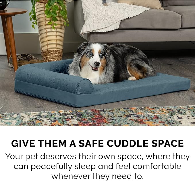 Furhaven Orthopedic Dog Bed for Medium/Small Dogs w/ Removable Bolsters & Washable Cover, For Dogs Up to 35 lbs - Pinsonic Quilted Paw L Shaped Chaise - Bluestone, Medium