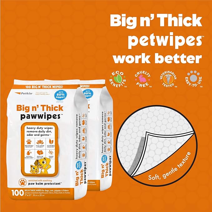 Petkin Big N' Thick Paw Wipes for Dogs, 200 Large Wipes - Clean Dirty Paws After Walks, with Paw Balm Protectant - Keep Floors and Furniture Clean - Ideal for Home or Travel - 2 Packs of 100 Wipes