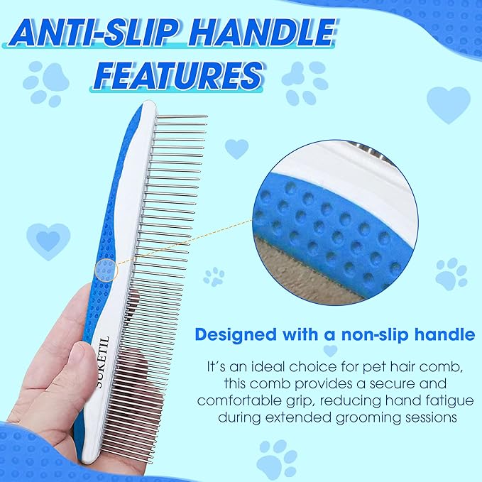 Dog Comb Stainless Steel Teeth, Dog combs for grooming matting, Dematting Comb for Dogs and Cat Removes Tangles & Knots (Blue)