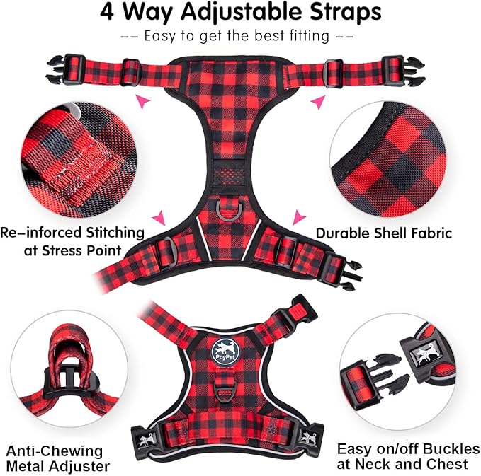 PoyPet No Pull Dog Harness, [Release at Neck] Reflective Adjustable No Choke Pet Vest with Front & Back 2 Leash Attachments, Soft Control Training Handle, Plaid(Checkered Red, M)