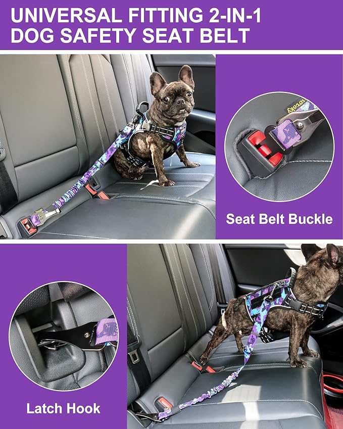 Hotsky Dog Seat Belt, Adjustable Safety Seatbelt 3-in-1 Car Harness for Dogs in Car Nylon Elastic Bungee Buffer Tether with Clip Hook Latch Buckle Swivel Zinc Alloy Carabiner(Purple Camo)
