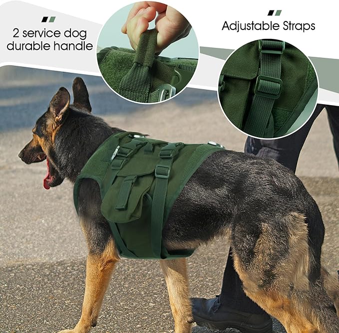 DORA BRIDAL Tactical Dog Harness, Service Dog Molle Vest with Handle, Military Dog Harness with Hook & Loop Panels, Heavy Duty No Pull Adjustable Dog Vest for Training, Walking, Hiking, Green XL