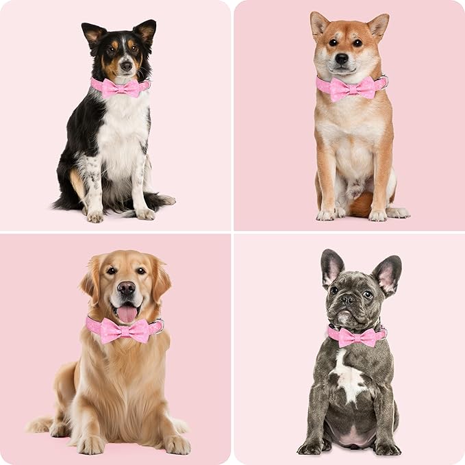 Dog Collar with Bow for Small Medium Large Dogs, Cute Bling Dog Bow Tie Collar with Metal Buckle, Soft & Durable for Puppy Dogs Walking (Light Pink, XS)