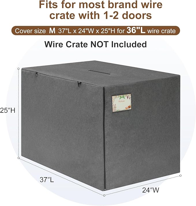 HiCaptain 36 inches Dog Crate Cover with Card Pocket, Heavy Duty Polyester Windproof Pet Kennel Cover Universal Fit for 1 or 2 Doors Standard Wire Crate (Grey)