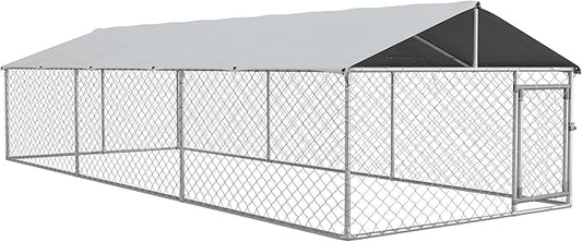 PawHut Large Dog Kennel Outside, Heavy Duty Dog Cage with Waterproof Cover, Outdoor Fence Dog Run with Galvanized Chain Link, Secure Lock, 19.7' x 7.5' x 4.9'