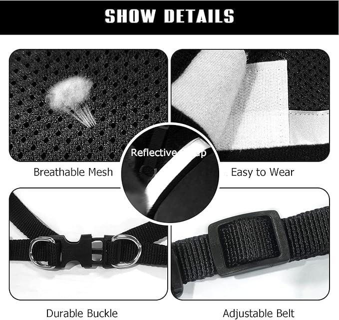 FEimaX Dog Harness and Leash Set for Walking, Soft Mesh Adjustable Easy Control Lightweight Cat Vest Harnesses with Reflective Strips, Escape Proof Small Dogs Cats Vests (Black, Large)