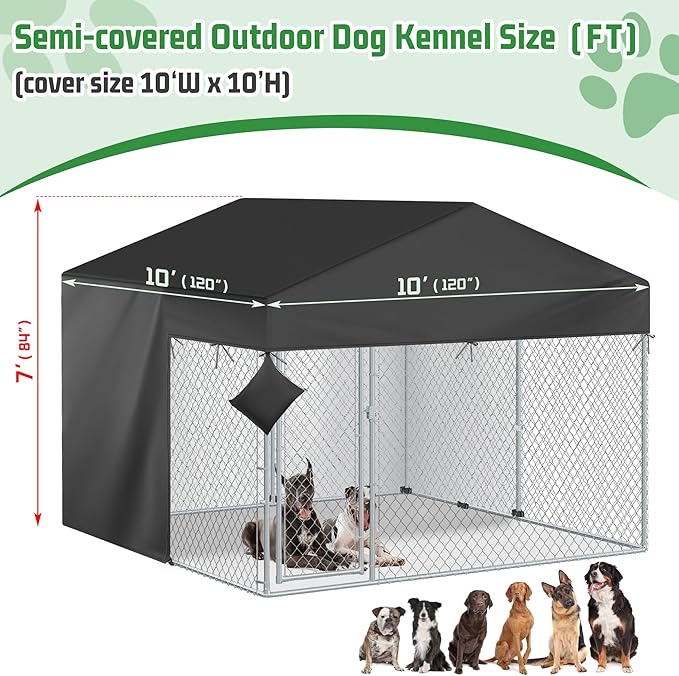 Outdoor Dog Kennel Cover Half Coverage for 10x10FT 600D Heavy Duty Waterproof Kennel Covers for Dog Cages(Cover Only) Black